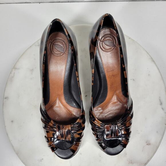VTG Nurture Drake Leopard Heels Womens 8 Brown Patent Leather Peep Toe Pumps - Picture 7 of 13